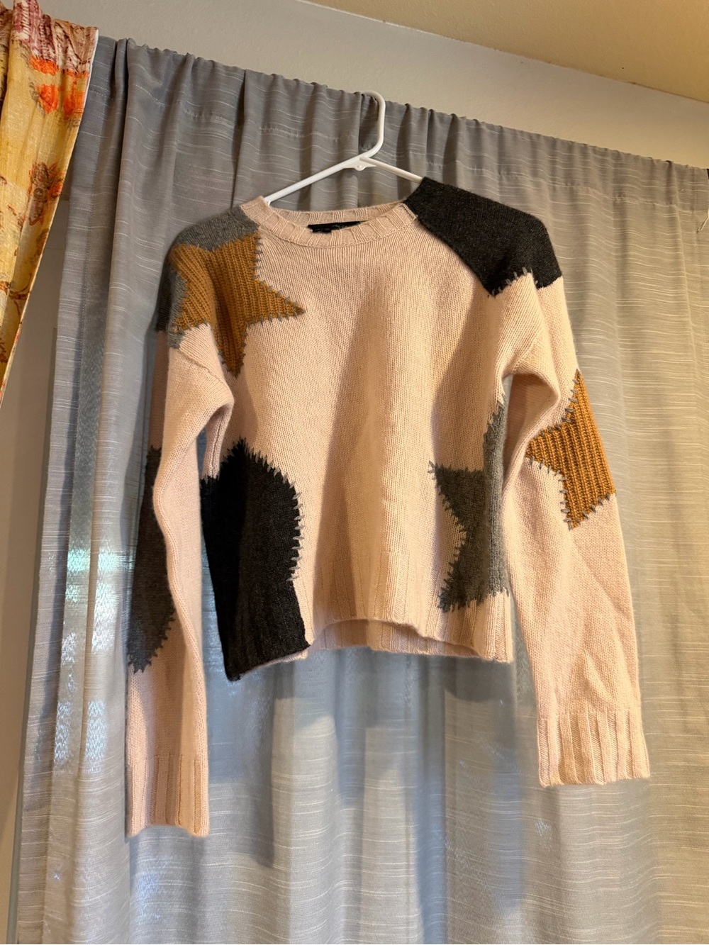 360 Cashmere Cream Crewneck Sweater with Gray and Mustard Star Accents